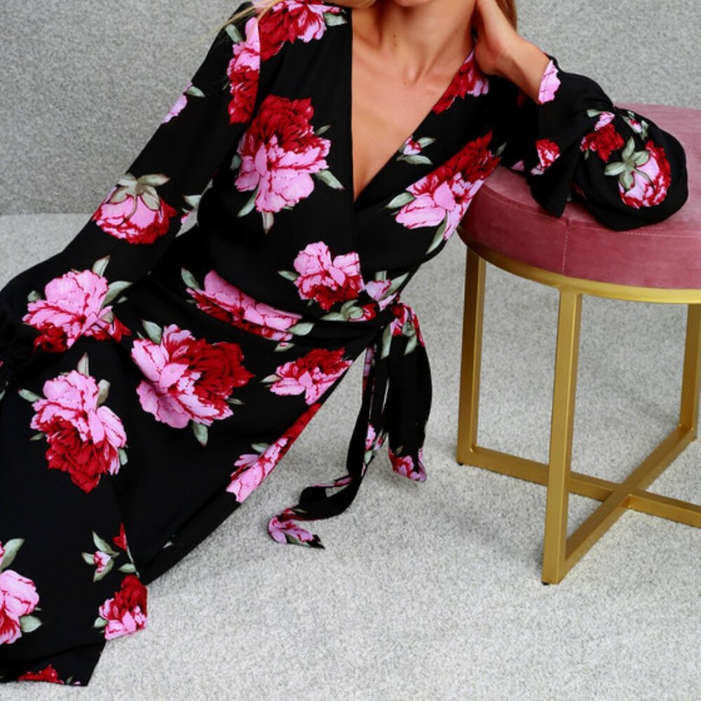 Lulus Romantic Blooms Black Floral Print Midi Wrap Dress - Size X-Small